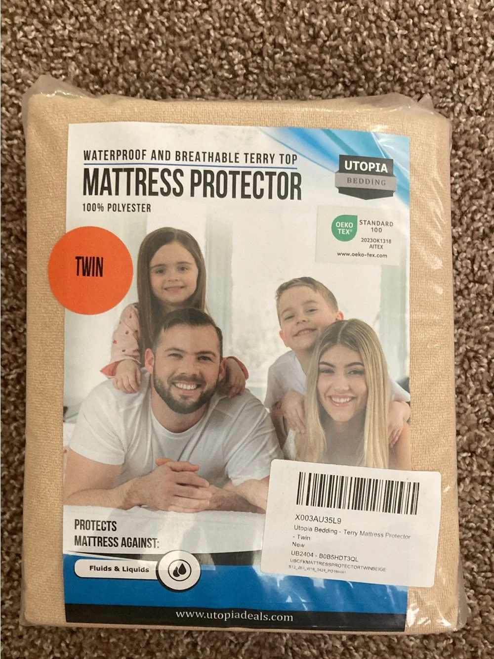 2 NEW-in-pkg. Utopia TWIN Terry Top Waterproof Mattress Protectors, Tan & Purple